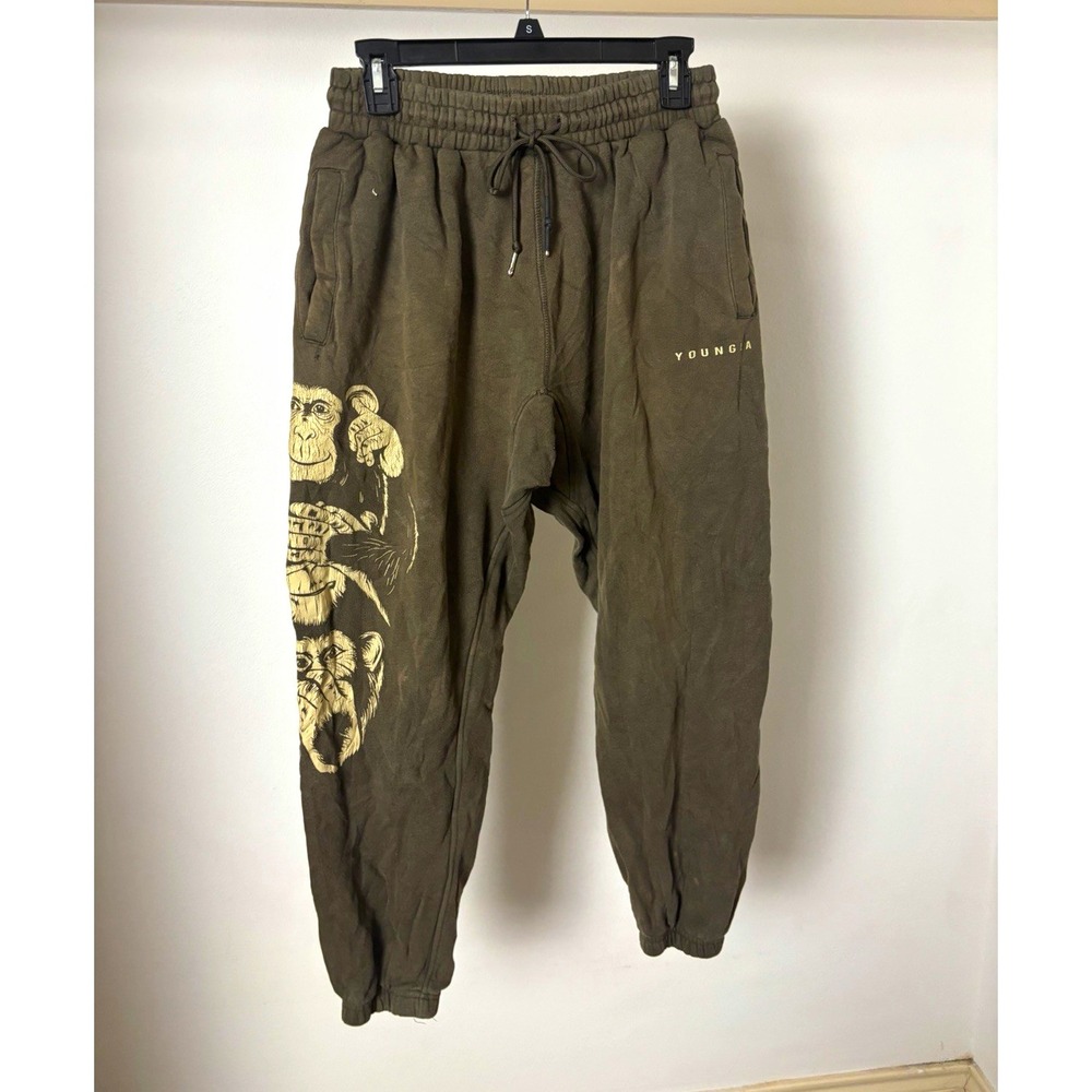 YoungLA 3 Monkeys Hear Fear See No Evil Jogger Pants Mens M Green